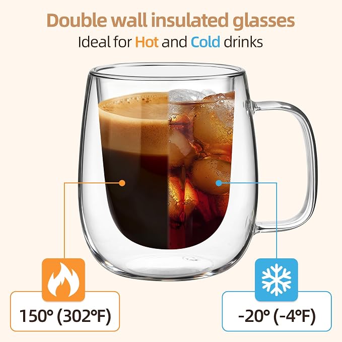 12 OZ Glass Coffee Mug Pack of 6, Double Wall Glass Mug with Handle Insulated Clear Glass Coffee Cup for Espresso, Cappuccino, Latte, Americano, Tea