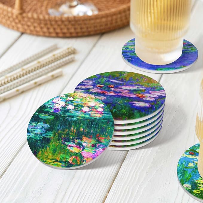 Monet Water Lilies Drinks Absorbent Coasters with Holder Set of 6, Coffee Table Decor, Ceramic Stone Coaster with Cork Base Tabletop Protection Mat for Mugs and Cups,Office,Kitchen