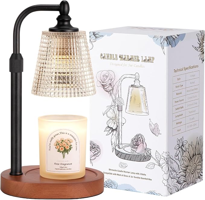 Hong-in Candle Warmer Lamp with Timer Dimmer, Birthday Gifts for Women, House Warming Gifts for New Home, Vintage Room Decor, Adjustable Height Candle Lamp, Wax Warmer for Scented Jar Candles, Walnut