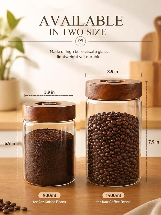 Coffee Canister, 14oz Airtight Coffee Bean Container with Wood Lid | True 14oz Capacity for Whole Beans, One-way Valve Glass Jar with Airtight Wood Lid for Coffee, Tea, Sugar, Spices, and Snacks