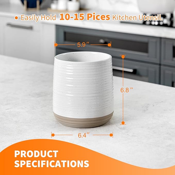 6.8" Large Ceramic Kitchen Utensil Holder - Utensil Holder for Kitchen Counter, Modern Farmhouse Style Holder for Spoons, Spatulas & Cooking Tools (White)
