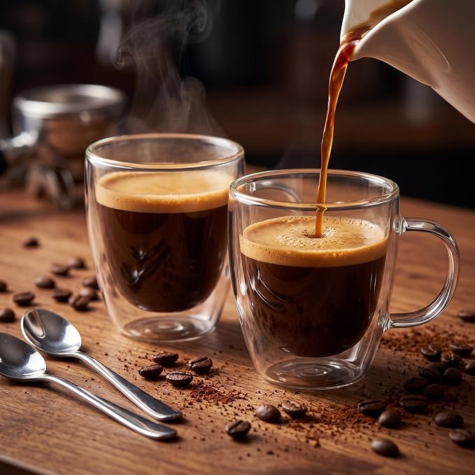 Gerrii Espresso Cups Double Walled Espresso Shot Glass with Handle Cups Insulated Clear Small Shot Glasses for Cappuccino Latte Hot Beverage(5.4 oz,Flat Bottom,12 Pcs)