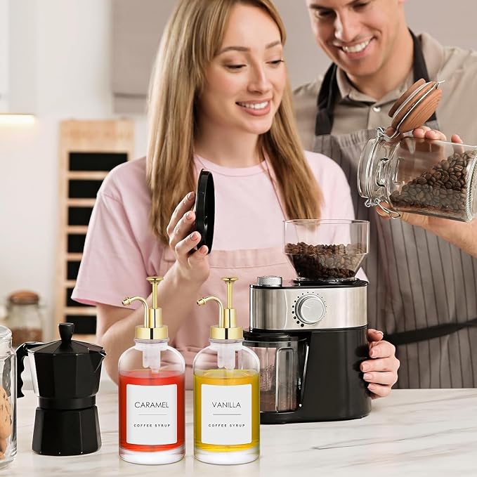 2 Pack 16.9 Oz Coffee Syrup Dispenser for Coffee Bar, 500ml Syrup Pump Dispenser, Glass Syrup Bottle w. Gold Upgraded Pump and 36 Labels, Coffee Bar Accessories Syrup Bottle