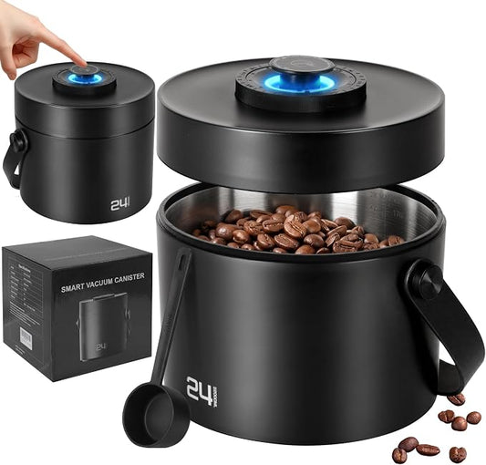 ROTTOGOON Auto Vacuum Coffee Canister, Rechargeable Airtight Coffee Container with 304 Stainless Steel Inner, Scoop, Handle,Sealed Coffee Bean Storage Container for Ground Coffee, Tea, Food, 24OZ/ 2L