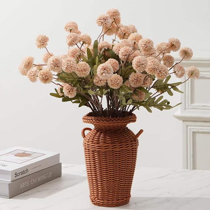 trytuny Fake Fall Flowers for Vase, Faux Silk Kiku Mums, Artificial Pom pom Floral Bouquets Indoor Centerpiece Office Coffee Table Boho Home Decorations (9, Khaki)