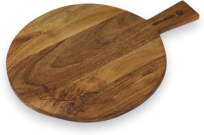 Vesta Homes Wooden Round Cutting Board | 17.5 * 13 Inches | Chopping Board/Serving Board, Platter for Pizza, Vegetables, Fruits and Cheese | Natural Acacia Wood | Handcrafted in India