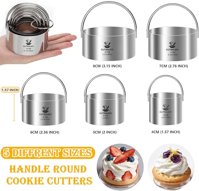 Cookie Cutters (5 Pieces/Set),Round Biscuit Cutter Set with Handle and Big Ring, Professional Baking Dough Cutter Tools for Cakes, Sandwiches, Donuts, Dumplings