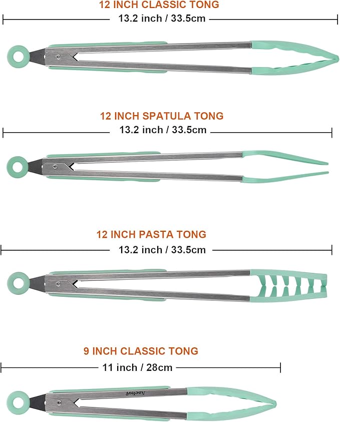 4in1 Stainless Steel Kitchen Food Tongs Set for Cooking with BPA Free Silicone Tips, Toaster Steak Pie Pizza Pasta Spaghetti Noodles Salad Fruit Vegetable Grill BBQ Buffet Clamp Serving Tools Gadgets