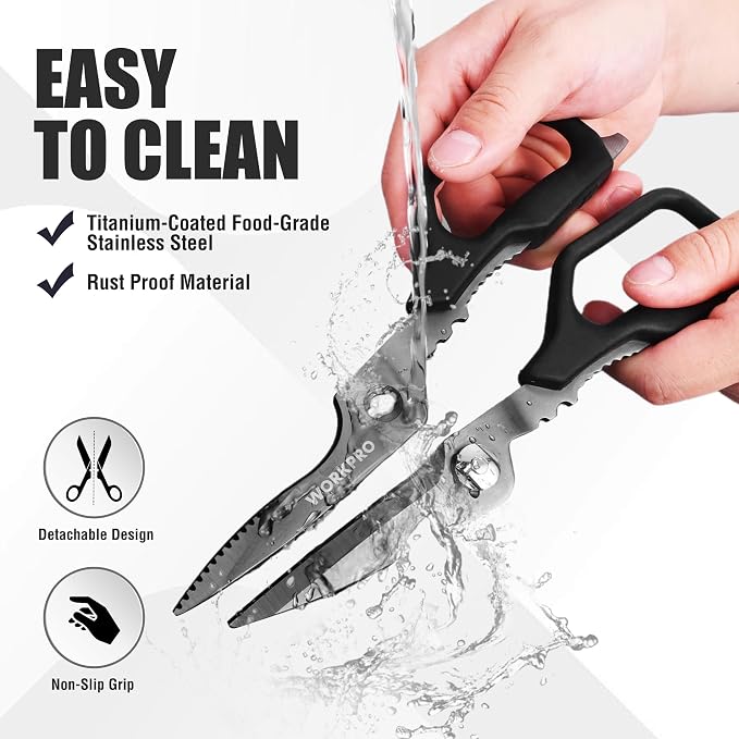 WORKPRO Kitchen Scissors, All Purpose Kitchen Shears with Detachable Stainless Steel Blades, Titanium Coated for Easy Cleaning, Heavy Duty for Meat, Fish, Nuts, Vegetables, Protective Cover Included