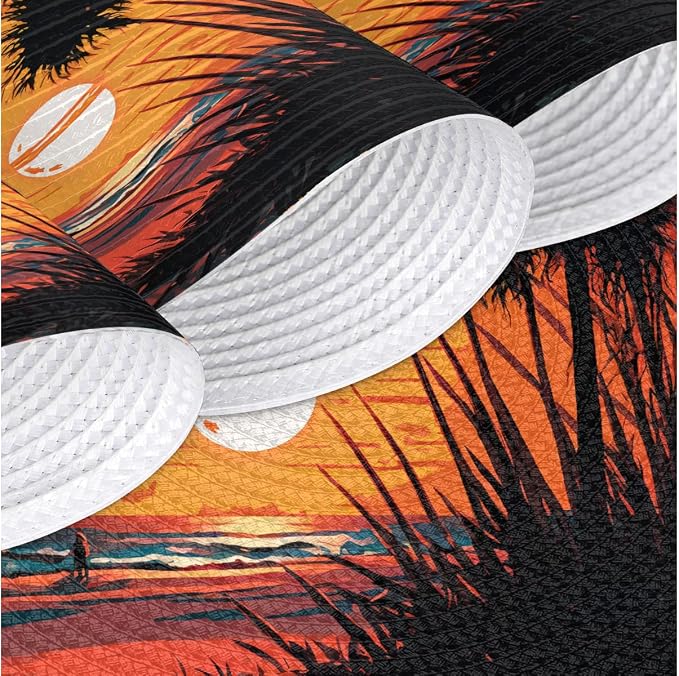 Round Placemats Set of 4, Summer Beach Sunrise Trees Woven Placemats Mats Non-Slip Heat Resistant Washable Table Mats Round Braided Place for Farmhouse Kitchen Dining Party Decor 15in