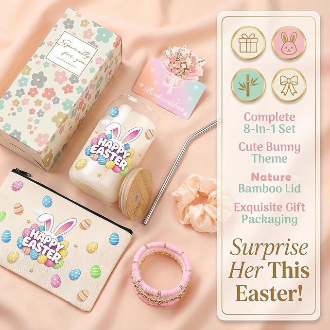 Easter Gifts for Teens Basket Stuffers Bunny Drinking Glasses Cup Coffee Mug with Lid & Straw Spring Easter Gifts for Women