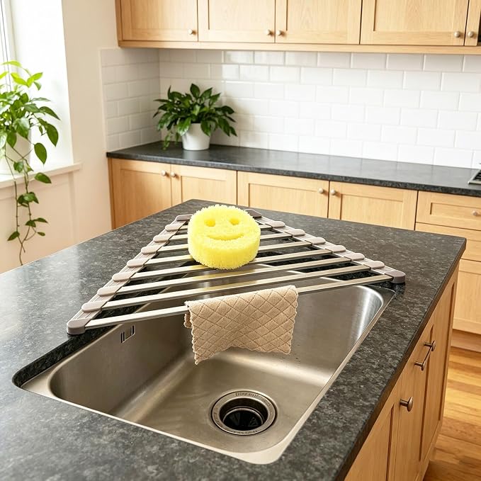 Ahyuan Corner Sink Dish Drainer over the Sink Dish Drying Rack Corner Dish Rack SUS304 Cubic Stainless Still Kitchen Sponge Holder Corner Sink Sponge Caddy Dish Rack (Gray)