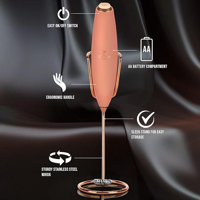 Zulay Kitchen Powerful Milk Frother Wand With Duracell Batteries - Ultra Fast Handheld Drink Mixer - Electric Whisk Foam Maker for Coffee, Lattes, Cappuccino & Matcha - Z1 Motor - Exec Peach Copper