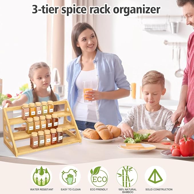 Spice Rack - Tiered Spice Rack Organization for Cabinet - 3 Tier Bamboo Display Spice Shelf for Countertop