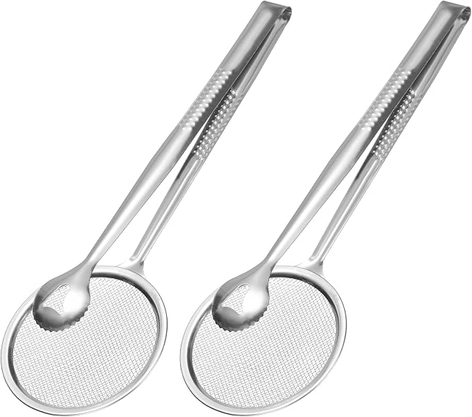 uxcell 2Pcs Stainless Steel Strainer Tongs, 11.2" Multi-Functional Food Strainer with Clip Fine Mesh Oil Filter Skimmer Hot Pot Clips for Kitchen Tool Restaurant Frying Cooking, Silver