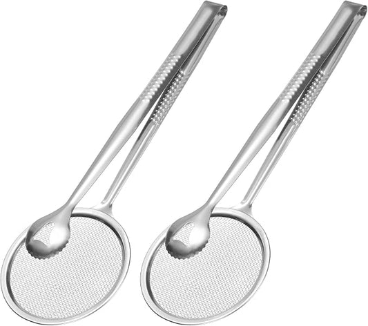 uxcell 2Pcs Stainless Steel Strainer Tongs, 11.2" Multi-Functional Food Strainer with Clip Fine Mesh Oil Filter Skimmer Hot Pot Clips for Kitchen Tool Restaurant Frying Cooking, Silver