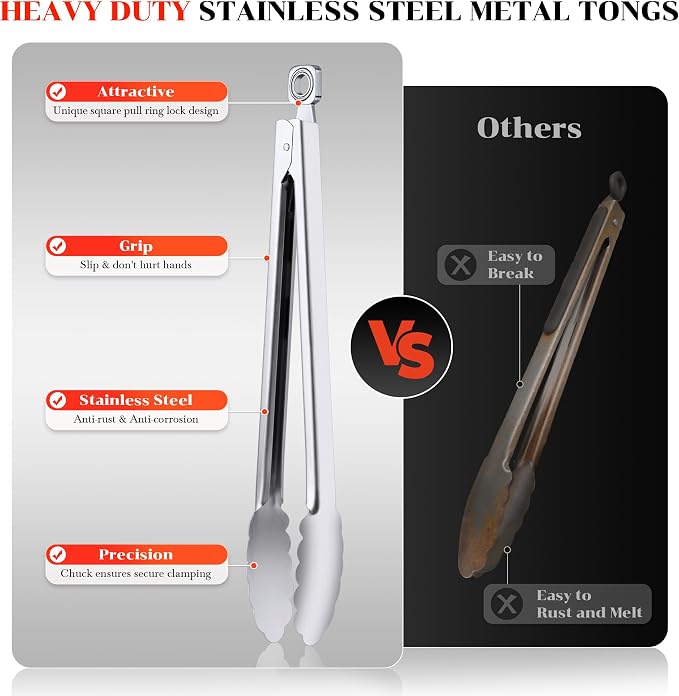 Kitchen Tongs for Cooking - 7 Inch & 9 Inch & 12 Inch Heat Resistant Stainless Steel Metal Locking Tong Grill Tongs BBQ Tong for Cooking, Grilling, BBQ/Barbecue, Food (All Metal - 7"+9"+12")