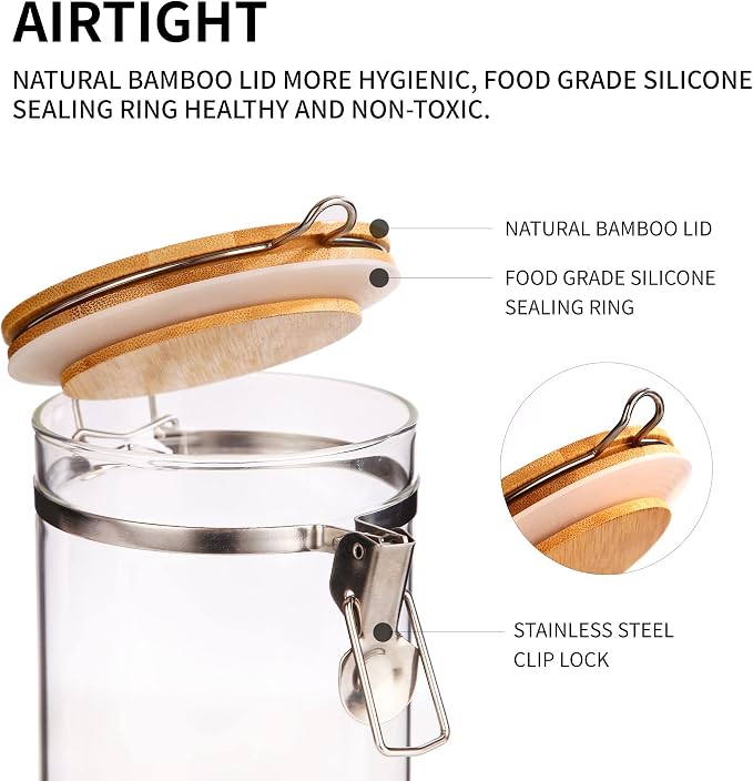 Glass Coffee Storage Container with Bamboo Shelf, 3PCS 49oz Airtight Sealed Coffee Bean Jar with Clamp Lid & Measuring Spoon, Kitchen Pantry Canister Set for Ground Coffee Sugar Tea Flour