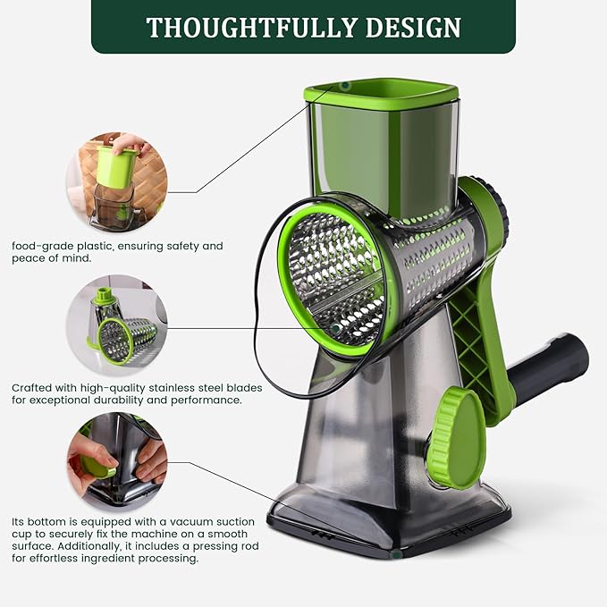 HANSGO Rotary Cheese Grater, 3 Stainless Steel Blades, Labor-Saving Handle, Strong Suction Base, for Cheese, Vegetables, Nuts, Chocolate & Fruits, Ideal for Family Meals, Salads, Pasta & Easy Cleanup