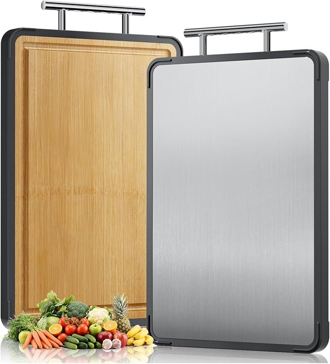 Titanium Cutting Board for Kitchen - Double Sided Reversible Chopping Board, Titanium & Bamboo Wood Cutting Board for Meat, Vegetables and Fruit, Easy to Clean,Mothers Day Gifts (16×11)