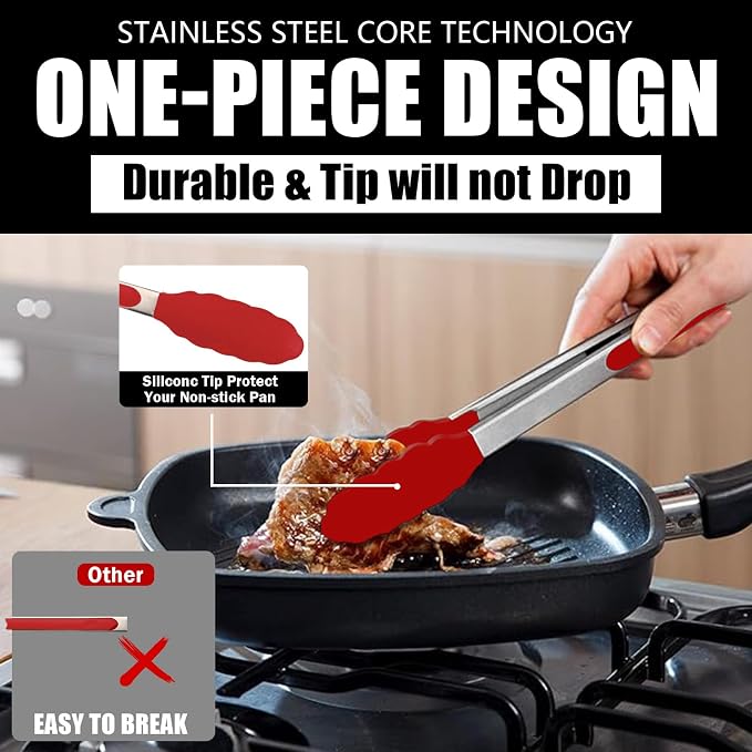 Kitchen Tongs with Silicone Tips, Kitchen Tongs, Cooking Tongs, Premium Stainless Steel Locking Cooking Tongs, Non-Slip Food Tongs for Cooking, Heavy Duty, Non-Stick, 480℉, Set of 3-7"/9"/12" Red