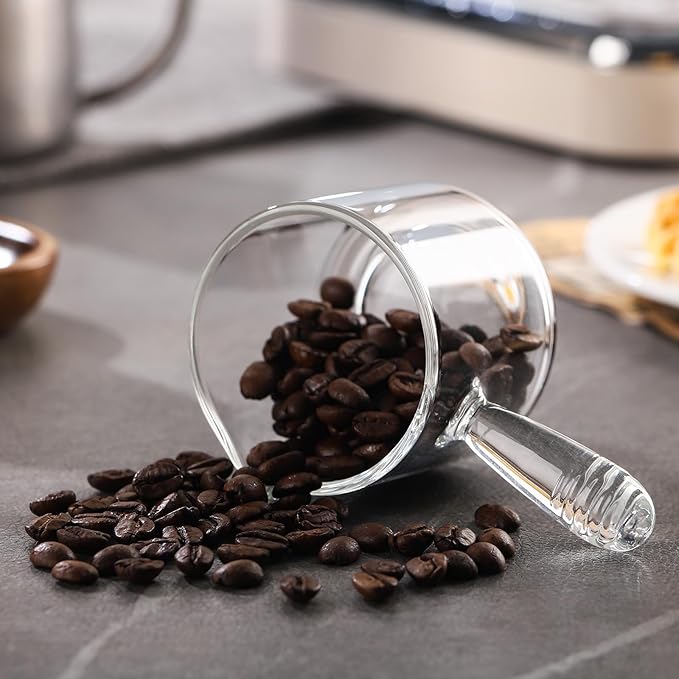 Espresso Shot Glass 2 Pack - 150ML Espresso Cups with Handle and Dual-Scale, Espresso Shot Glass with V-Shaped Mouth, 5oz Espresso Glass Measuring Cup Perfect for Espresso Shots and Milk Froth