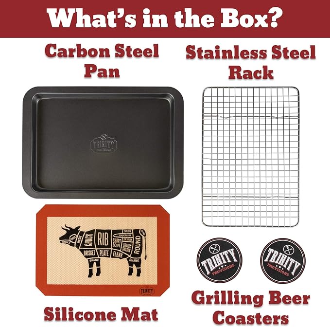 Trinity Provisions Small Meat Resting Pan - With Wire Rack and Silicone Baking Mat - Dishwasher and Oven Safe Stainless Steel, for Cooking and Cooling Steak, BBQ, Bacon, & More