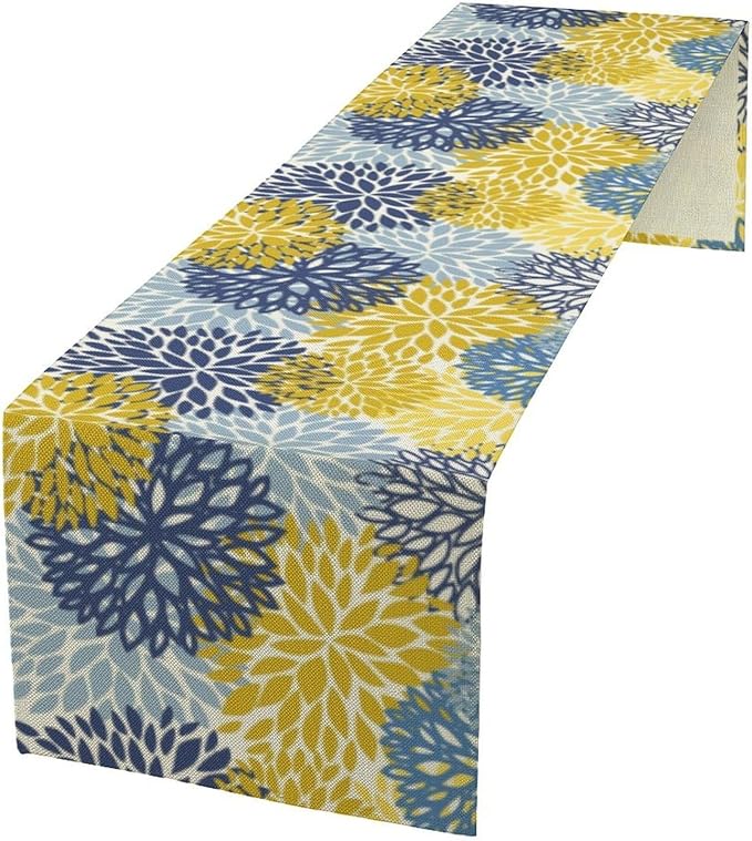 Navy Blue Dahlia Table Runner,Rustic Farmhouse Floral Modern Art Table Runner for Home Indoor Outdoor Kitchen Holiday Birthday Party Wedding Decor 13x90 Inch