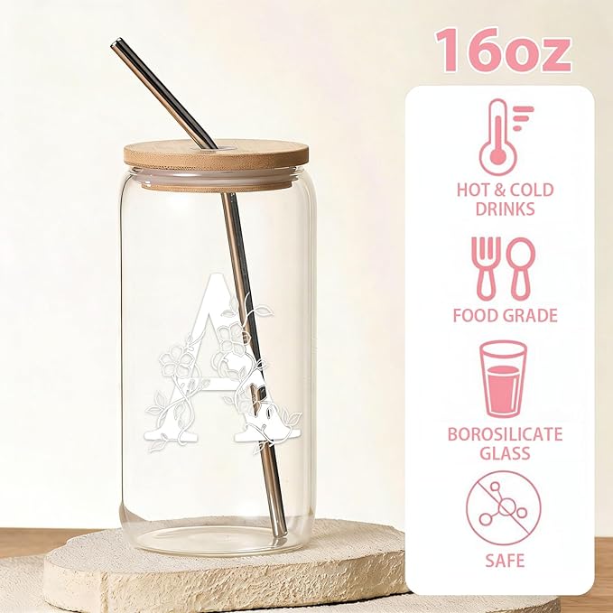 Personalized Gifts for Women, Monogrammed Glass Cups with Lids and Straws, Customized Gifts for Women, Cute Design Initial Iced Coffee glasses, Custom Letter Mug, Birthday Bridesmaid,P