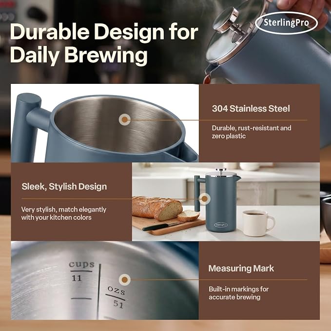 SterlingPro Non-Toxic Large Insulated Stainless Steel French Press Coffee Maker 51oz Capacity (44 oz Brew Yield) – Double Wall Metal Coffee Press | Cool-Touch | Blue Finish | 12 Cups / 6 Mugs