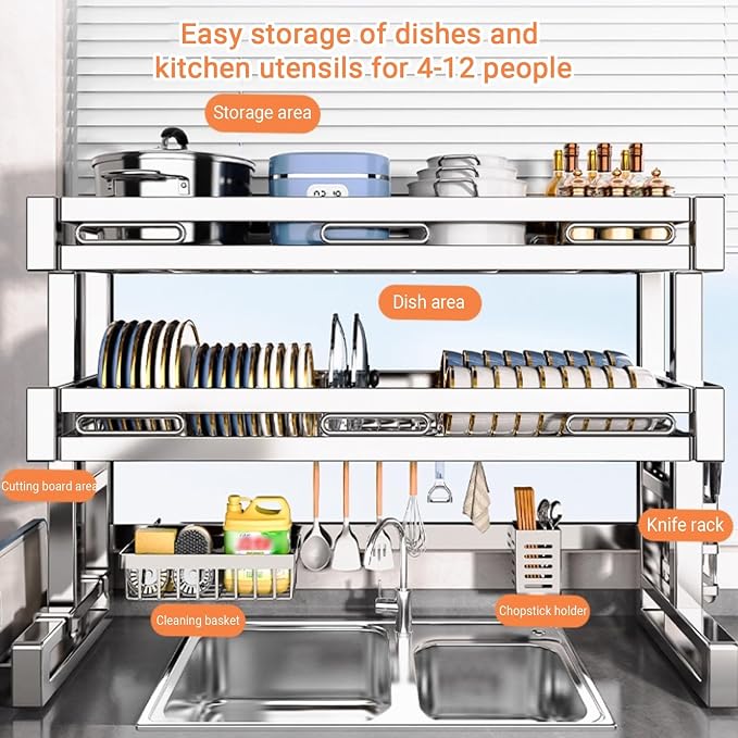 Over The Sink Dish Drying Rack 2 Tier 304 Stainless Steel Multiple Kitchen Dishware Storage Counter Organization Space-Saving with Suction Cup for Plates Bowl(76cm/29.9in)