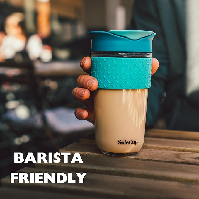 Large Travel Mug - Reusable Glass Coffee Mug - 18oz/530ml BPA-Free Hot Drink Travel Mug with Lid & Silicone Band (Blue, 18oz)