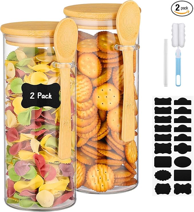 Glass Jars with Bamboo Lids and Spoons - 2 Pack 31 Fl.oz Round Flour Sugar Storage Containers Set, Includes Labels, Marker and Brush, Clear Glass Canister for Kitchen Pantry, Cereal, Rice, Pasta