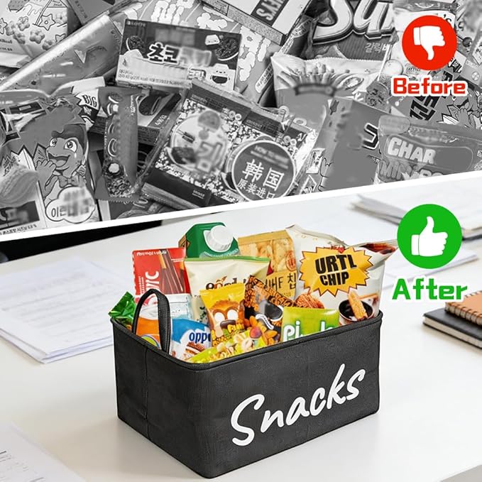 Snack Organizer Basket for Home Office: Snack Storage Bin for Pantry Shelf Countertop (Black)