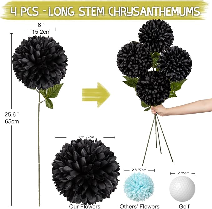 Briful Autumn Artificial Chrysanthemums Ball Flowers 6’’ Large Heads Mums Stems Black Fake Hydrangea Flowers Bouquet for Home Halloween Wedding Fall Decorations, Set of 4