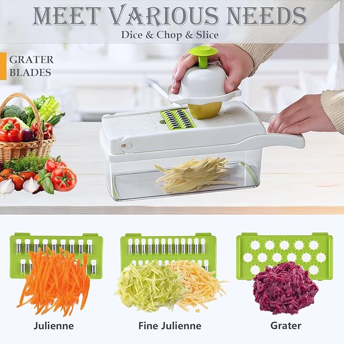 Dewpeton Pro-Series 16-in-1 Mandoline Slicer & Spiralizer, Veggie Chopper with Container for Onion Salad & More