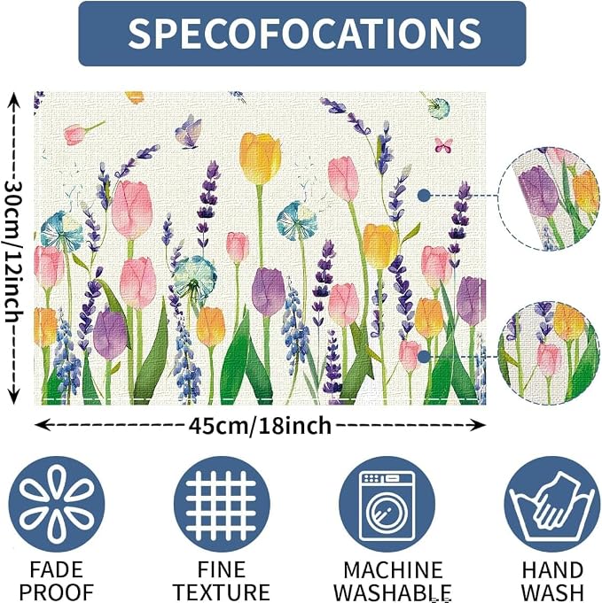 Niviy Tulip Lavender Butterfly Spring Placemats Set of 4, Seasonal Holiday Summer Table Mats for Home Party Kitchen Dining Room Decoration 12x18 Inch