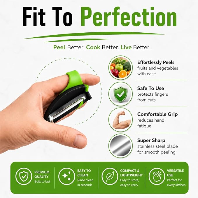 2-Finger Vegetable Peeler – Ergonomic Fruit & Vegetable Peeler with Secure Finger Grip, Sharp Stainless Steel Blade, Easy-Control Kitchen Peeling Tool for Carrots, Potatoes, Cucumbers & More
