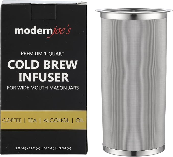 MODERNJOE'S Premium Infuser Cold Brew Coffee Maker for 1 Quart Wide Mouth Mason Jars. Cold Brew Coffee Filter. Perfect for Ice Coffee and Tea. 50 Micron EXTRA Fine Mesh 304 Stainless Steel