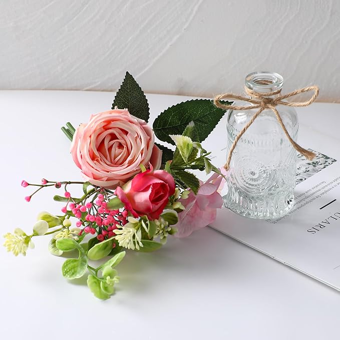 AFRITEE Flowers Bouquet in Small Vase - Pink Rose Artificial Fake Centerpiece Potted Flowers with Transparent Vase Set for House Dining Room Farmhouse Coffee Wedding Table