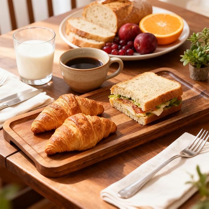 Wood Serving Trays Set of 6, 14 x 6 inch Acacia Wood Platters, Long Rectangular Wooden Trays for Charcuterie, Appetizers, Dessert, Party Serving & Kitchen Décor