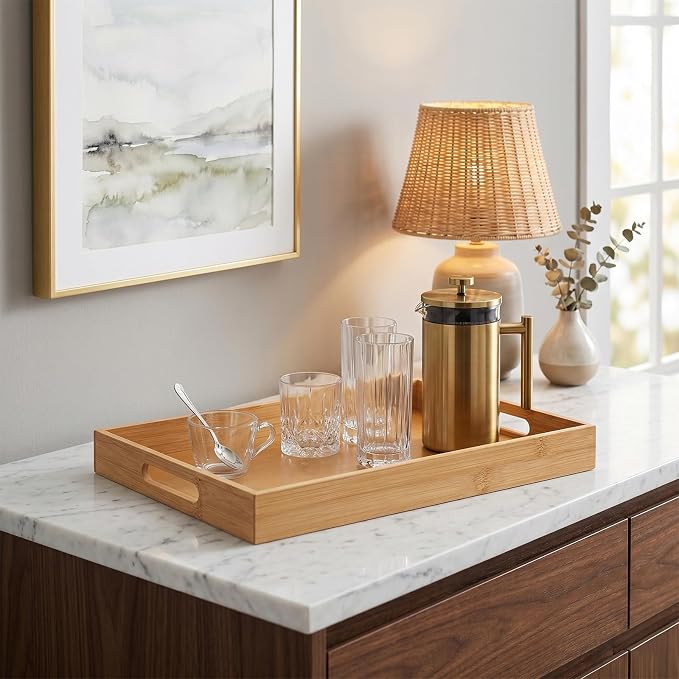 Briful Bamboo Decorative Tray with Handles - 16 x 12 Inch Rectangle Serving Tray for Coffee Table Decor Farmhouse Kitchen Counter Organizer & Bathroom Vanity Tray