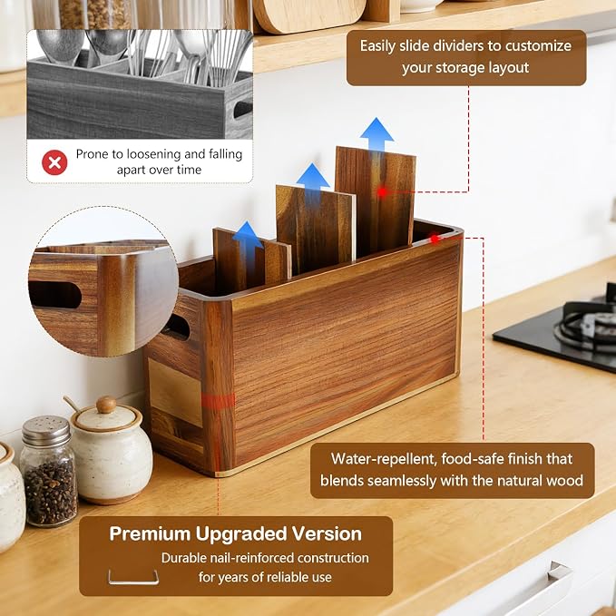 Large 4-Compartment Acacia Wooden Utensil Holder, Rustic Kitchen Counter Organizer, Extra Large Wood Storage Container for Cooking Utensils and Silverware