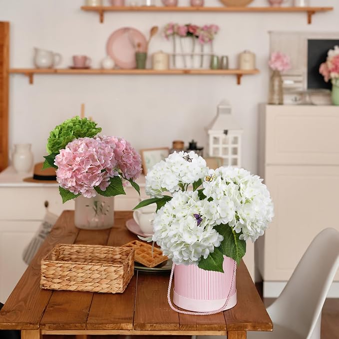Leftover Hydrangea Artificial Flowers,4 Pcs Real Touch Hydrangea Flowers with 3 Pcs Butterflies for Centerpiece Table Decorations,Floral Arrangements for Coffee Table Decor Living Room Decor