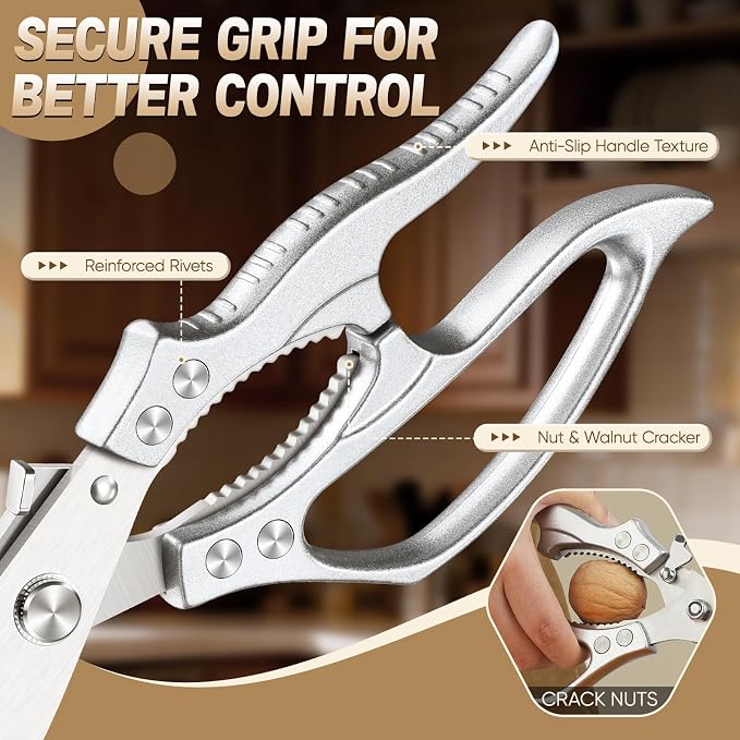 Huusk Heavy Duty Kitchen Shears Set – All Purpose Japanese Kitchen Scissors for Chicken, Meat, Fish, Vegetables & Pizza, Poultry Shears with Ergonomic Non-Slip Silver Handle, Gifts for Women Men
