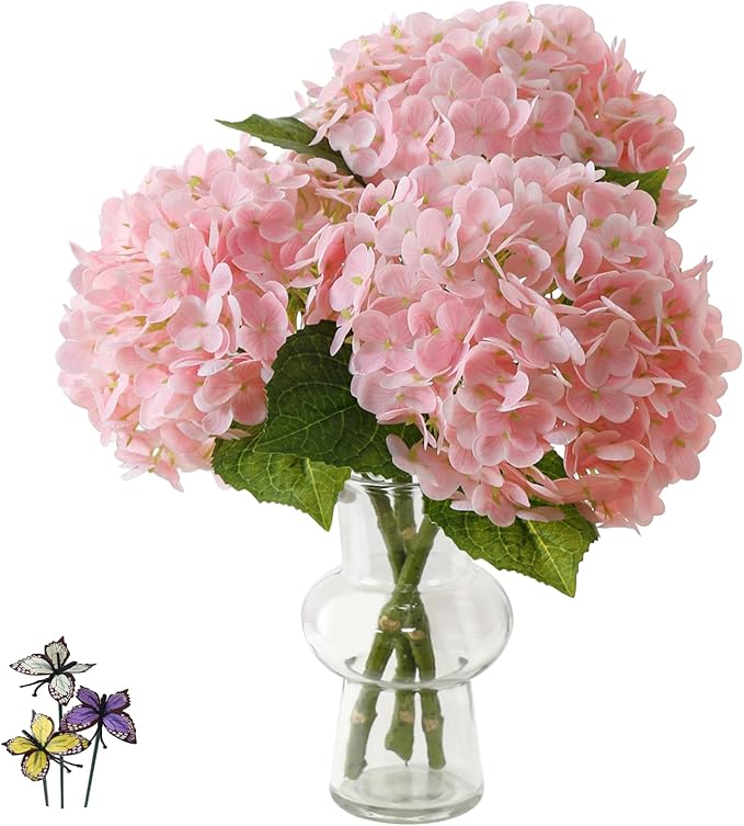 Leftover 21" Pink Hydrangea Artificial Flowers,3 Pcs Real Touch Hydrangea Flowers with Butterflies for Centerpiece Table Decorations,Floral Arrangements for Coffee Table Decor,Living Room Decor