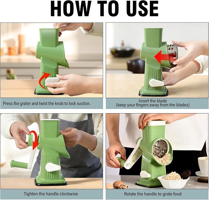 Rotary Cheese Grater Shredder Slicer - 3-in-1 Handheld Crank with Food Pusher for Hard Cheese, Vegetables, Chocolate - Ergonomic Hand Crank, Dishwasher Safe Green White