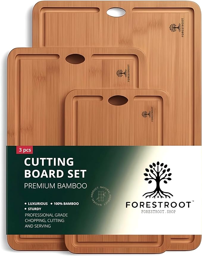 Bamboo Cutting Board Set – Durable 3-Piece Carbonized Brown Bamboo Boards with Deep Juice Grooves & Hanging Holes, Eco-Friendly Wooden Cutting Boards for Meat, Vegetables & Fruits