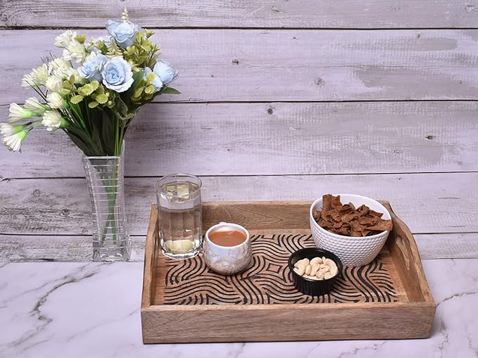 STORE INDYA Hand Carved Wooden Breakfast Serving Tray with Handle for Breakfast Tea Snack Dessert | Kitchen Dining Serve-Ware Accessories | 15 x 10 Inches