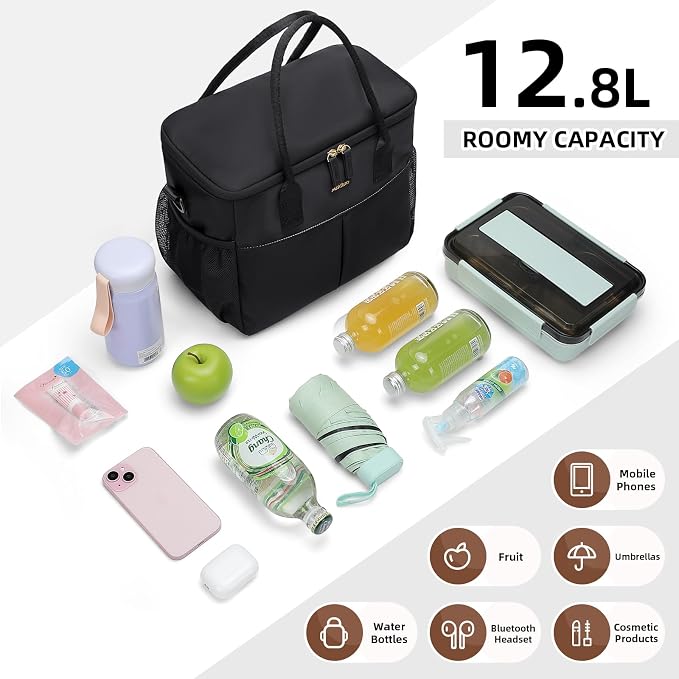 MDODO Lunch Bag Large Insulated Lunch Bags for Women Men Adult Lunch Box with Shoulder Strap for Work,Picnics,Outings (Black)